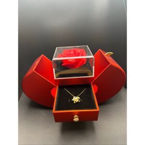 Red Apple Faux Rose Large Gift Box Gold Tone Cubic Zirconia Love Knot Necklace